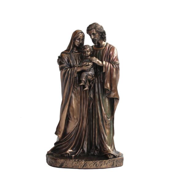Statuette de la Sainte Famille en résine finition bronze avec Marie, Joseph et l’Enfant Jésus