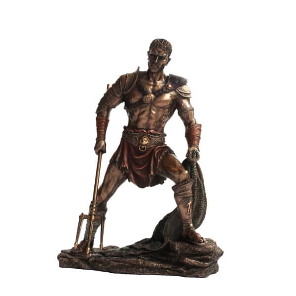 Statuette de gladiateur rétiaire en résine bronzée avec trident et filet