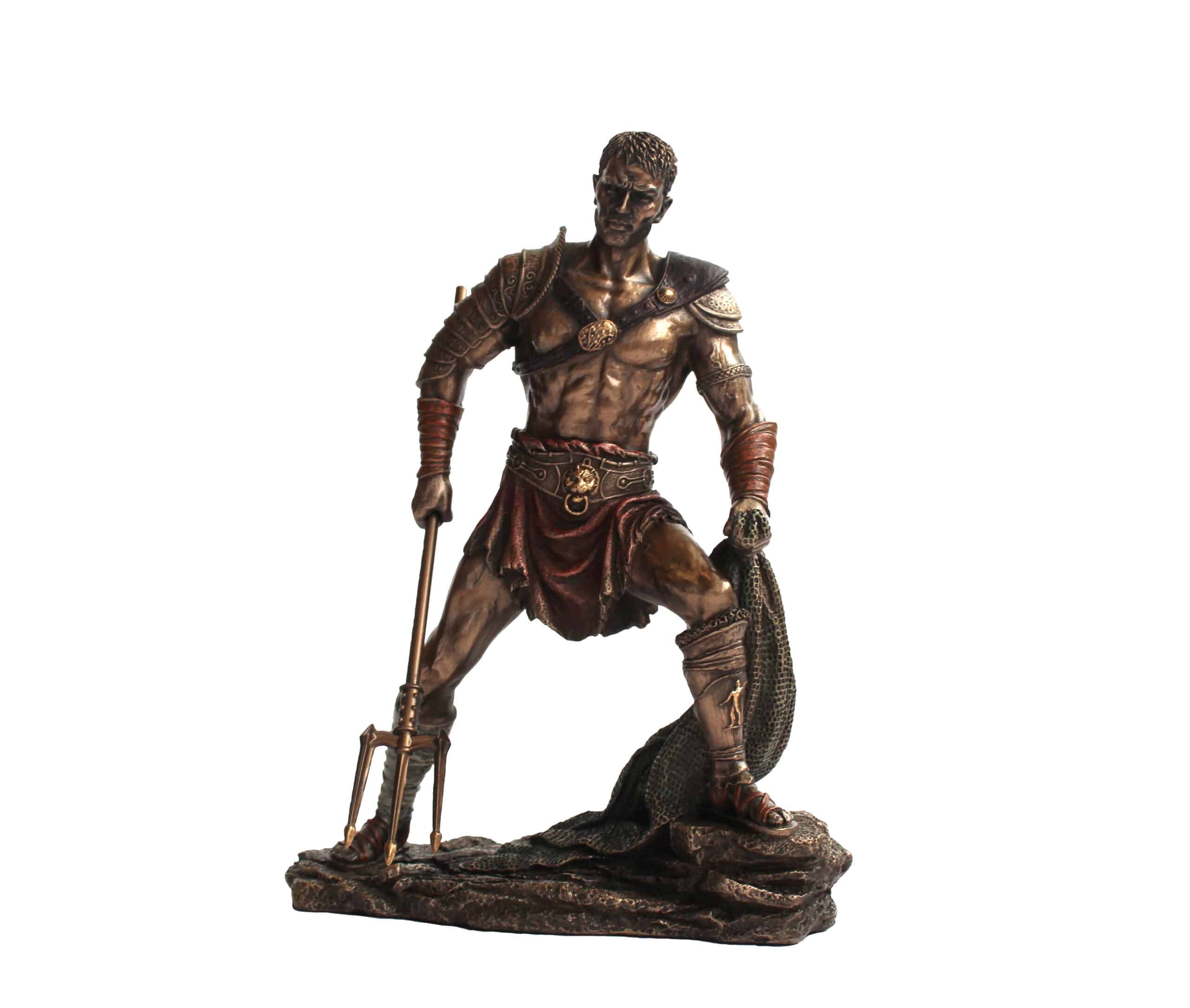 Statuette de gladiateur rétiaire en résine bronzée avec trident et filet Statuette de gladiateur rétiaire en résine bronzée avec trident et filet